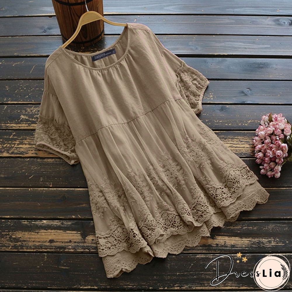 Summer Women Short Sleeve Solid Cotton Shirt Lace Mesh Patchwork Loose Blouse Tops