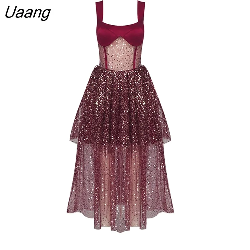 Uaang Quality Black Wine Sparkly Hollow Out Ball Gown Dress Elegant Club Party Dress Vestidos