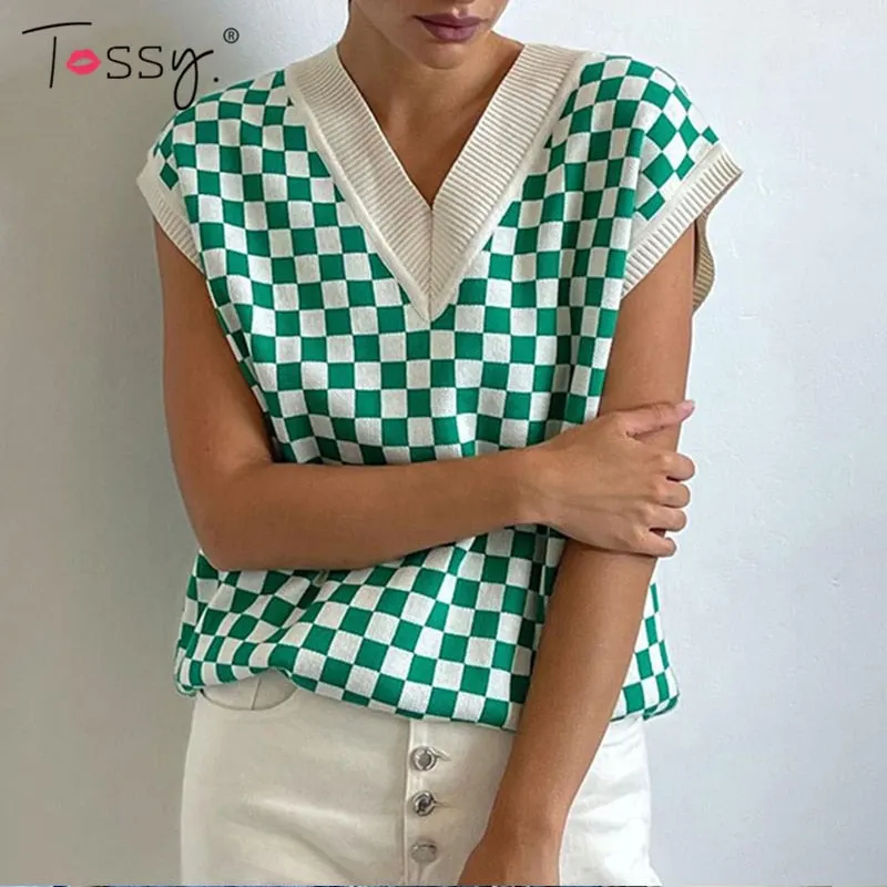 Tossy Casual Argyle Women's Vest Knitted Sleeveless Sweater Top For Women 2021 Autumn New V-Neck Pullover Vest Y2k Knitwear