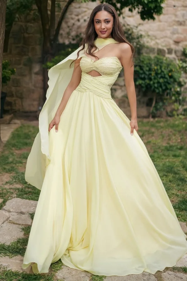 Light Yellow Straight Across Pleated Sequins Chiffon Prom Dress With Scarf YK0070