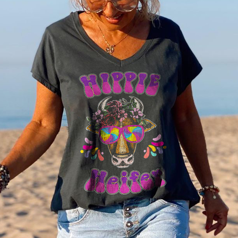 Hippie Heifer Funny Printed Oversize V-neck Women's T-shirt