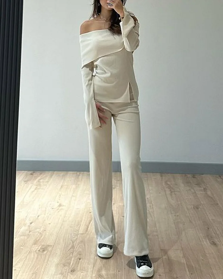 Solid Color One-shoulder Slit Top & Casual Pants Two-piece Set