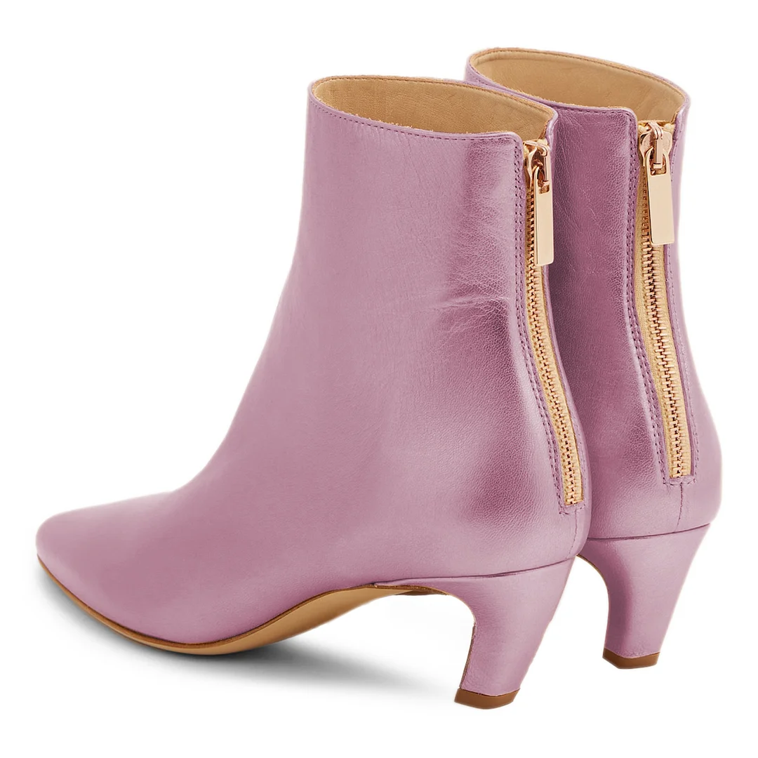 Shiny Pink Vegan Leather Pointed Toe Back-Zip Kitten Heel Ankle Boots