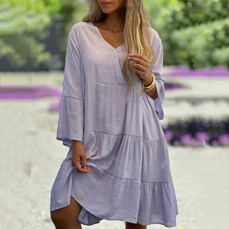 VChics Cozy V-Neck Cotton And Linen Long Sleeves Midi Dress