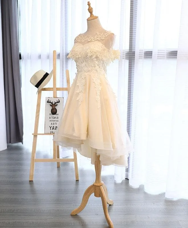 Champagne Round Neck Lace Tulle Short Prom Dress
