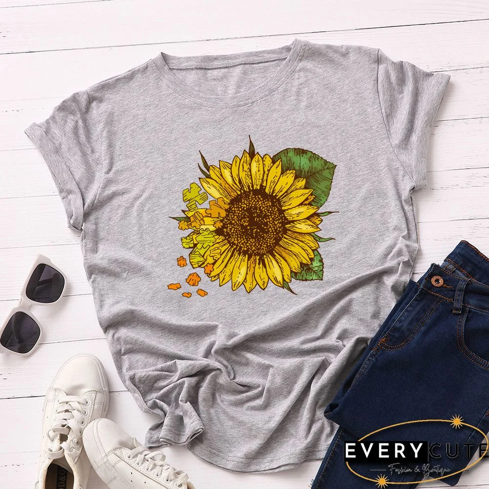 Light Gray Sunflower Print Cotton Short Sleeve Tees