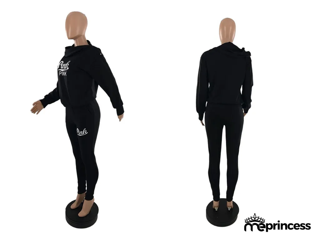 Plus Size Pink Letter Print Casual Two Piece Pants Set