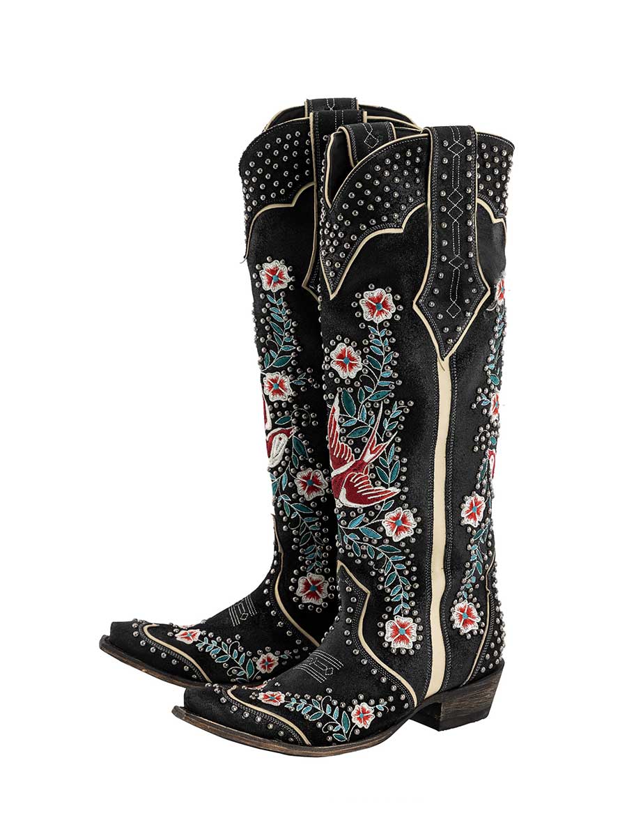 Black Snip Toe Colorful Floral Embroidered Studded Knee Cowgirl Boots
