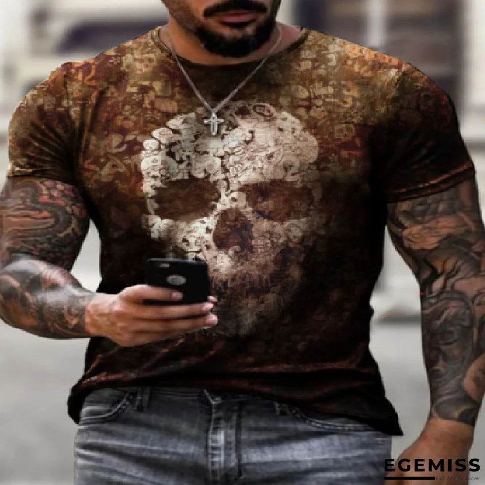 Menswear Loose Round Neck Hell Skull Art Print Short Sleeve T-shirt | EGEMISS