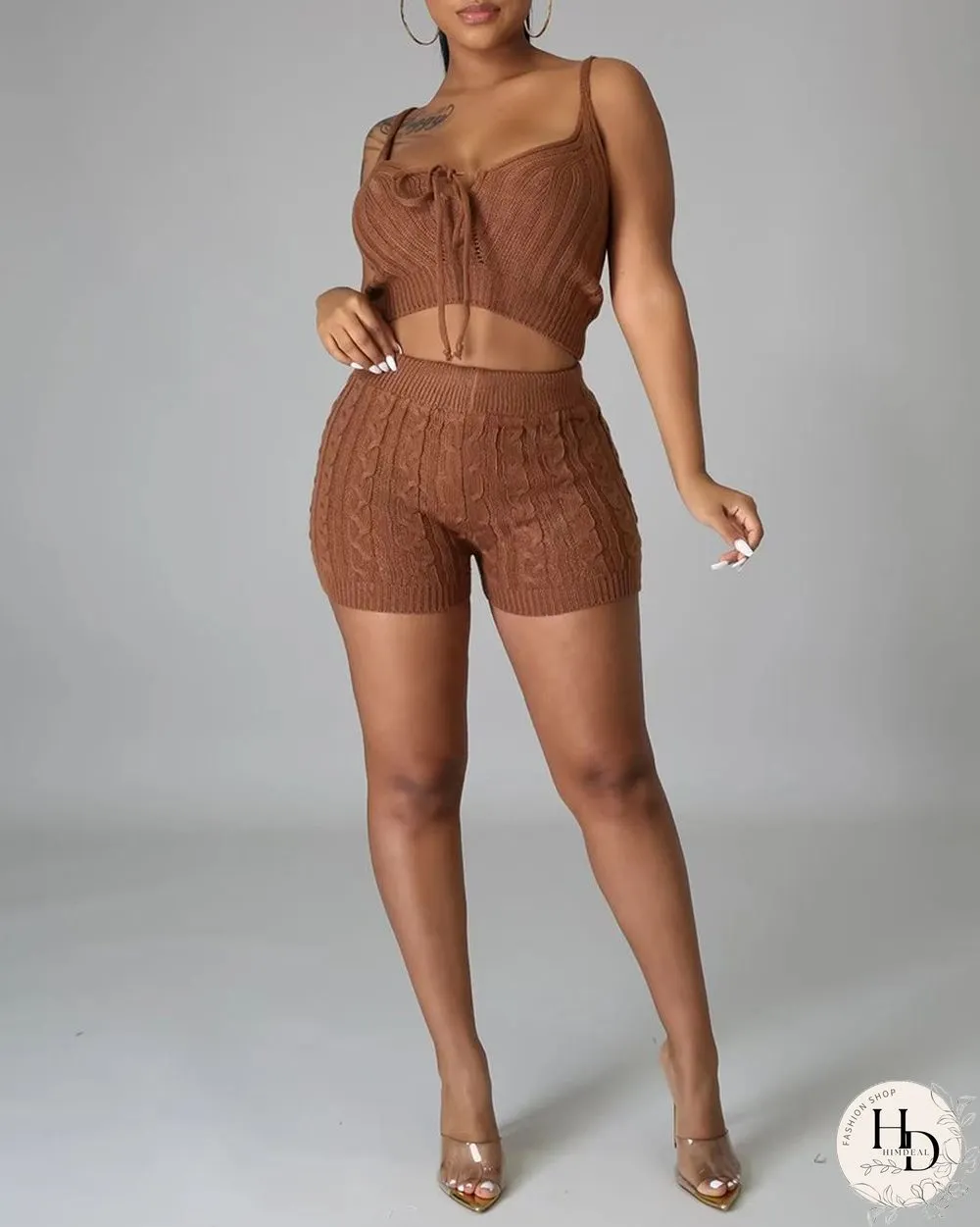 Knit Tied Detail Top & High Waist Shorts Set