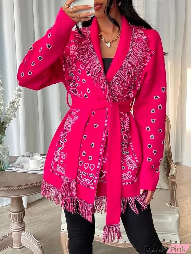 Fashion Loose Floral Printed Tasseled Crochet Cardigan Coats