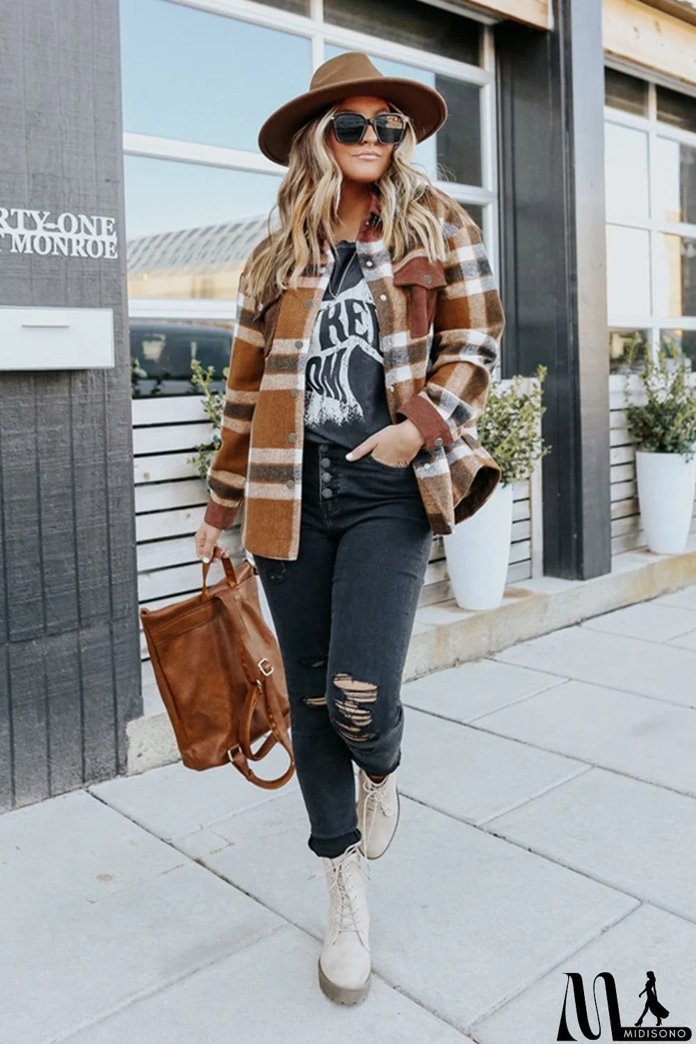 MidiSono - Pocketed Buttoned Plaid Shirt Jacket
