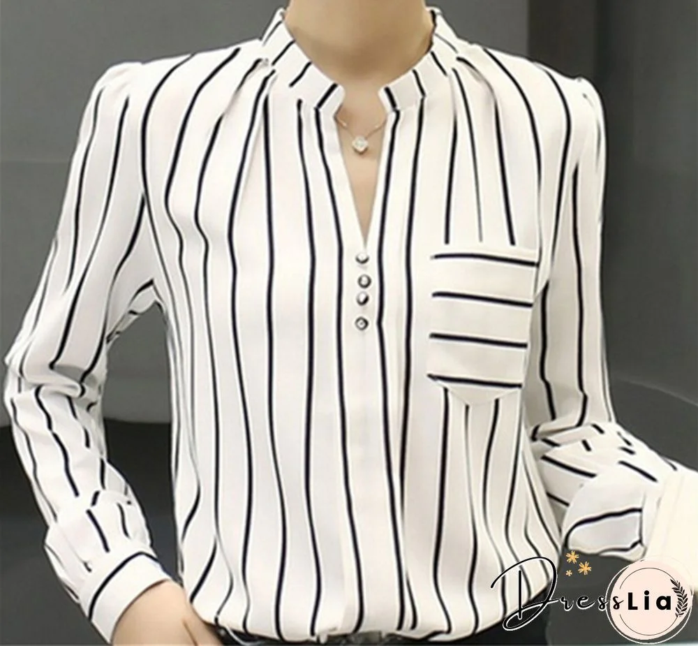 Women Blouses Plus Size Temperament Thin Long Sleeved Shirt Pocket Lapel Loose Chiffon Top