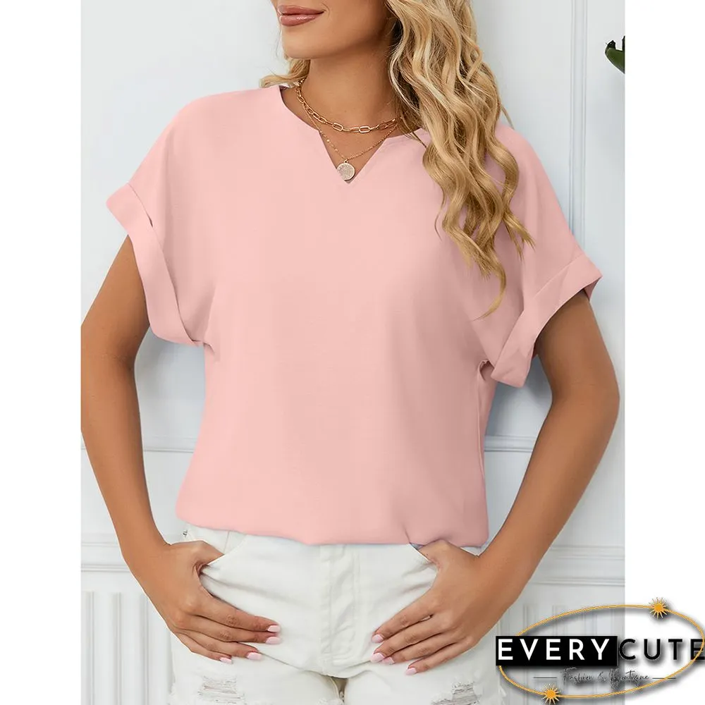 Pink Solid V Neckline Short Sleeve Tops