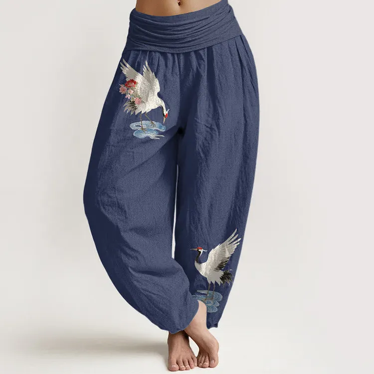 Cotton Elegant Crane Flower Cloud Pattern Women's Elastic Waist Harem Pants