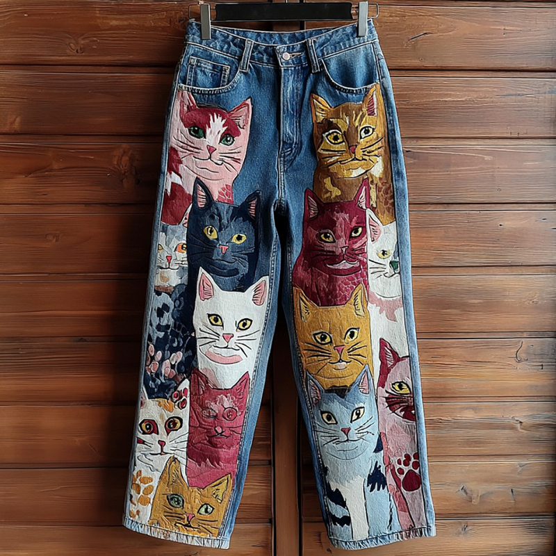 Vintage Colored Cat Embroidered Washed Jeans