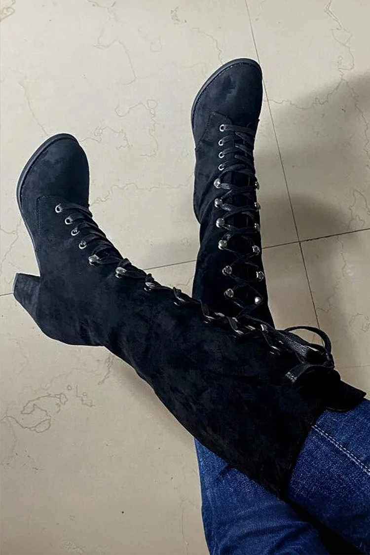 Vintage Black Lace Up Chunky Heel High Top Boots