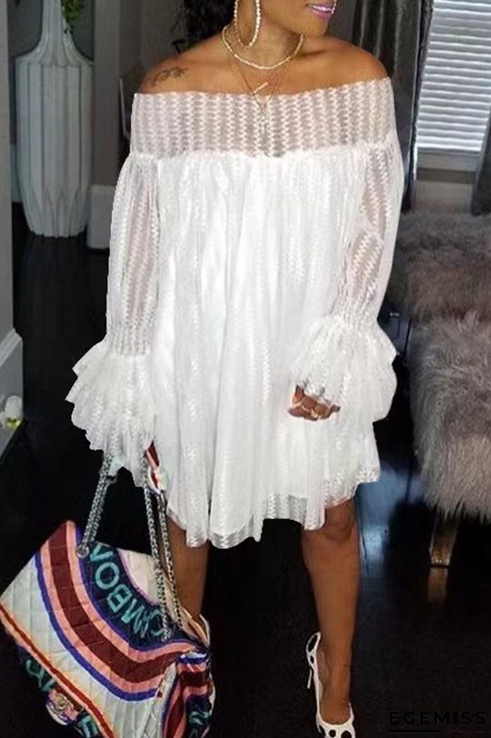 White Casual Solid Patchwork Flounce Off the Shoulder Dresses | EGEMISS