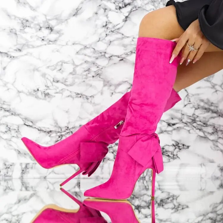 TAAFO Hot Pink Stiletto Velvet Bow Shoes Pointy Toe Knee High Boots Ladies Shoes
