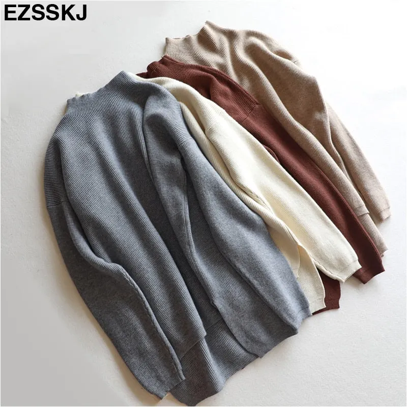 Korean Style Loose Sweater Women Pullover Casual Half Turtleneck Long Sleeve Oversized Knit Sweater Female Jumpers Split solid