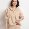 Half Zip Goat Cashmere Hoodie Women's AutumnWinter LongSleeved Solid Color Drawstring Loose Fitting Pullover Knit Jumper Sweater