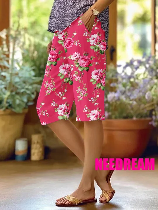 Womens Rose Floral Print Cotton And Linen Shorts Pants (With Pockets)