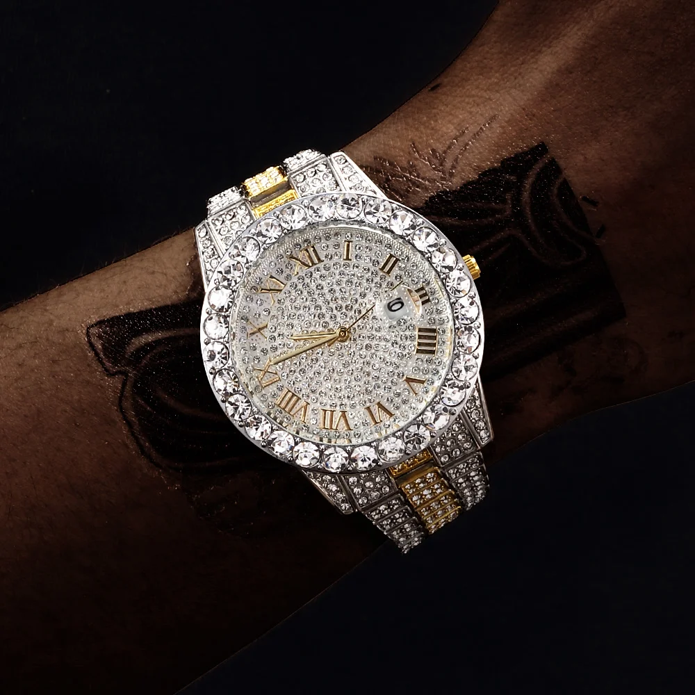 Hiphop Watch for Men Vessful Silver Gold Iced Out Diamond Stainless Steel Wrist-VESSFUL