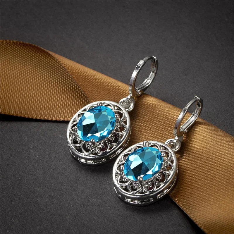 Dainty Oval Zircon Flower Earrings Luxury Crystal Rainbow Stone Hoop Earrings Classic Silver Color Engagement Earrings For Women
