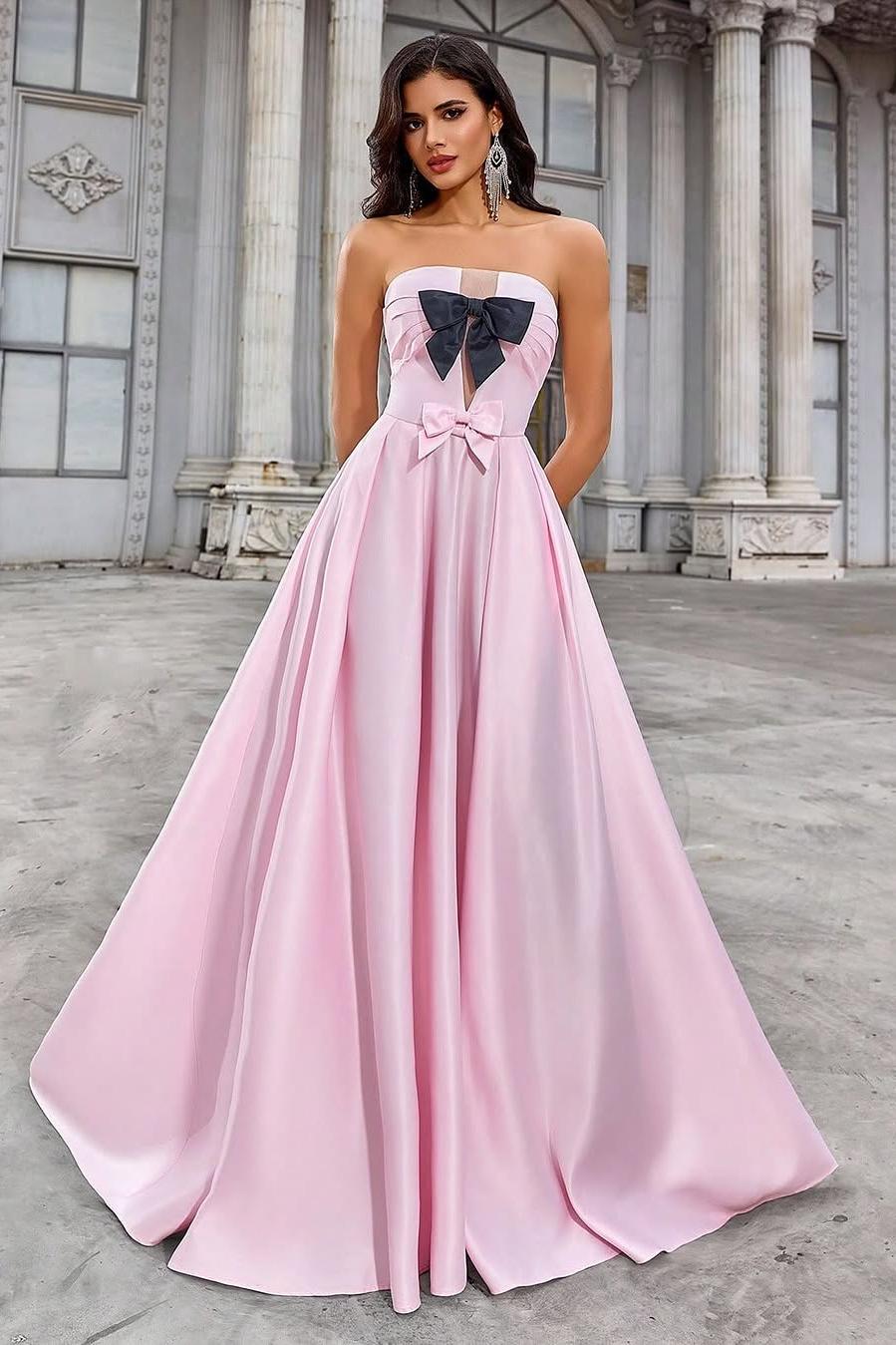 Lussooy Blushing Pink Beautiful Satin Sleeveless Strapless Long Prom Dress with Bow 