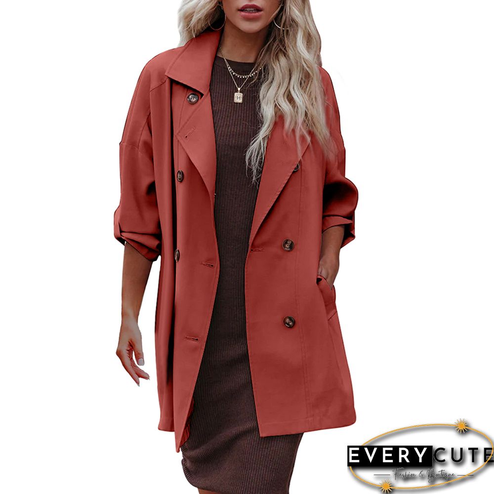 Rust Red Turndown Collar Lightweight Pocket Trench Coat