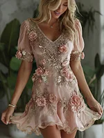 Women's Vintage Pink Rose Art Pattern Short Sleeve Mini Dress