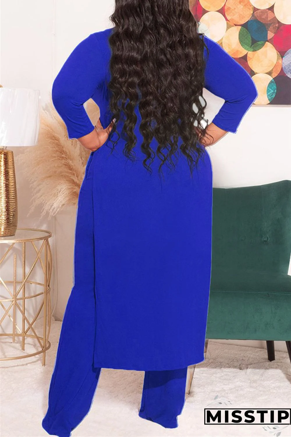 Blue Fashion Casual Solid Slit O Neck Plus Size Two Pieces