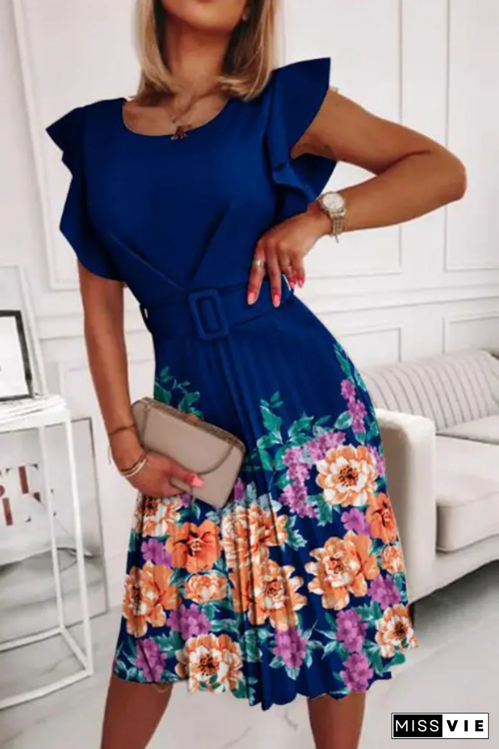 Fashion Print Flounce O Neck Cake Skirt Dresses(3 colors)