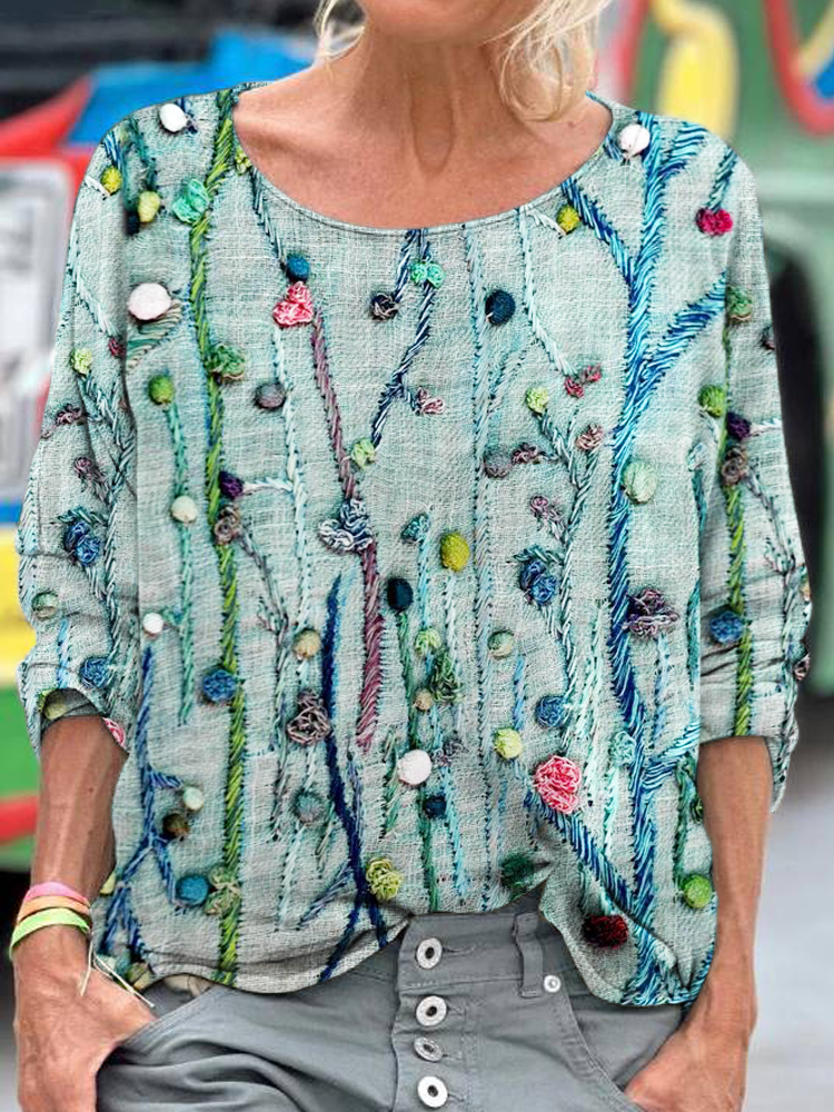 Comstylish Floral Vineman Embroidery Women's Loose Shirt