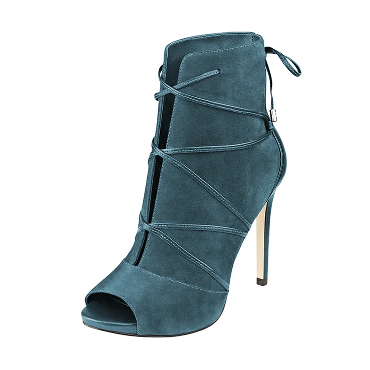 Teal Shoes Strappy Peep Toe Booties Vegan Suede Stiletto Ankle Boots |FSJ Shoes