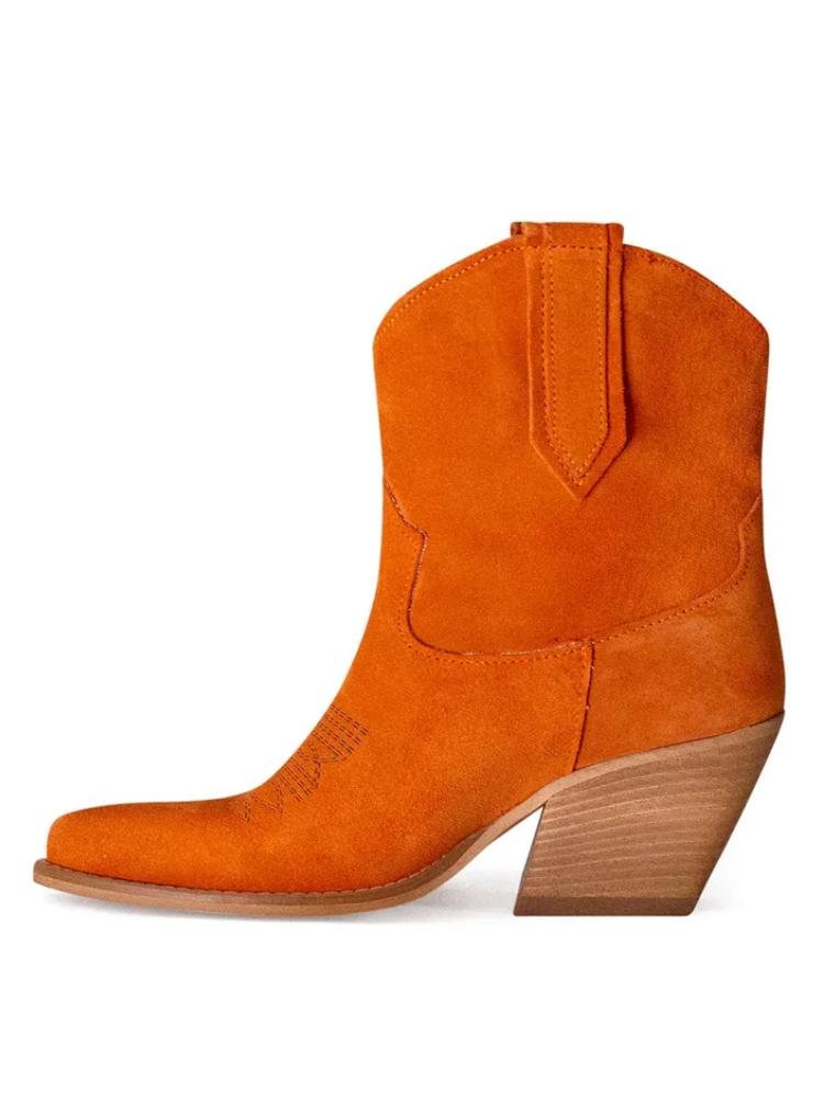 Women's Cowboy Orange Ankle Boots Faux Suede Embroidery Slanted Block Heel Western Booties