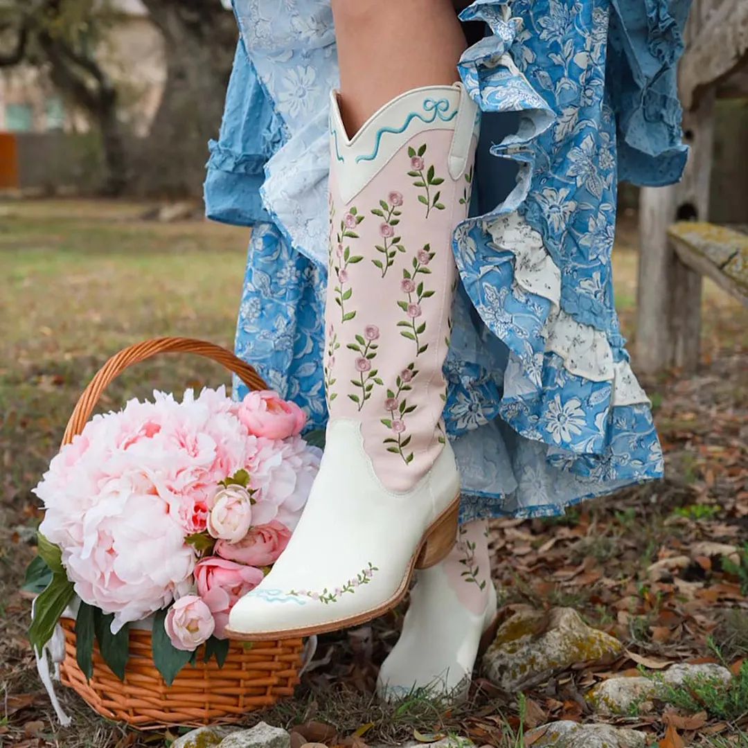 Light Pink & Ivory Flower Embroidered Stacked Heel Cowgirl Boots