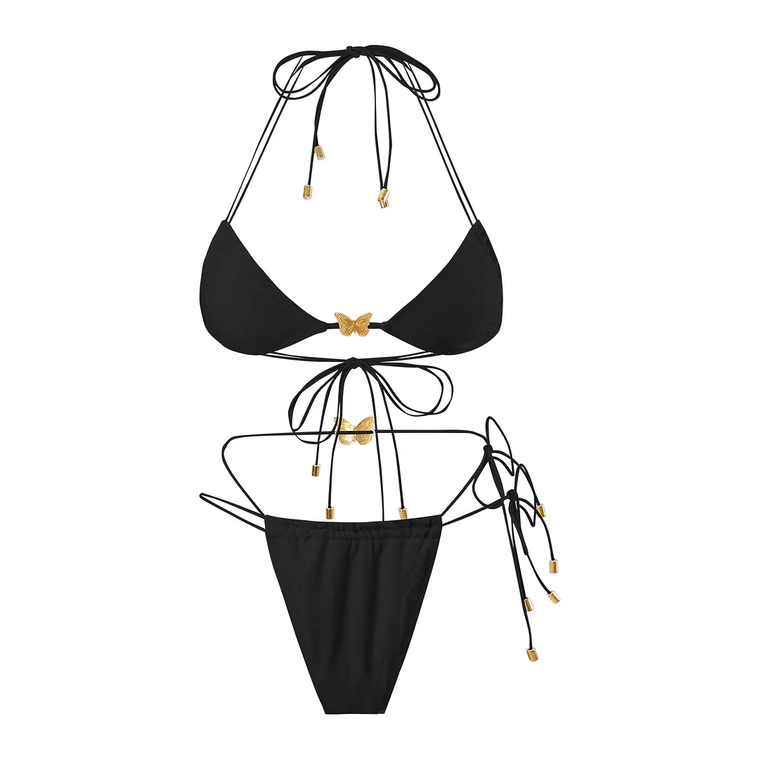 Uveng 2025 Solid-Color Elastic Rope Butterfly Ornament Bikini Sexy Split Triangle Strap With Swimsuit Woman