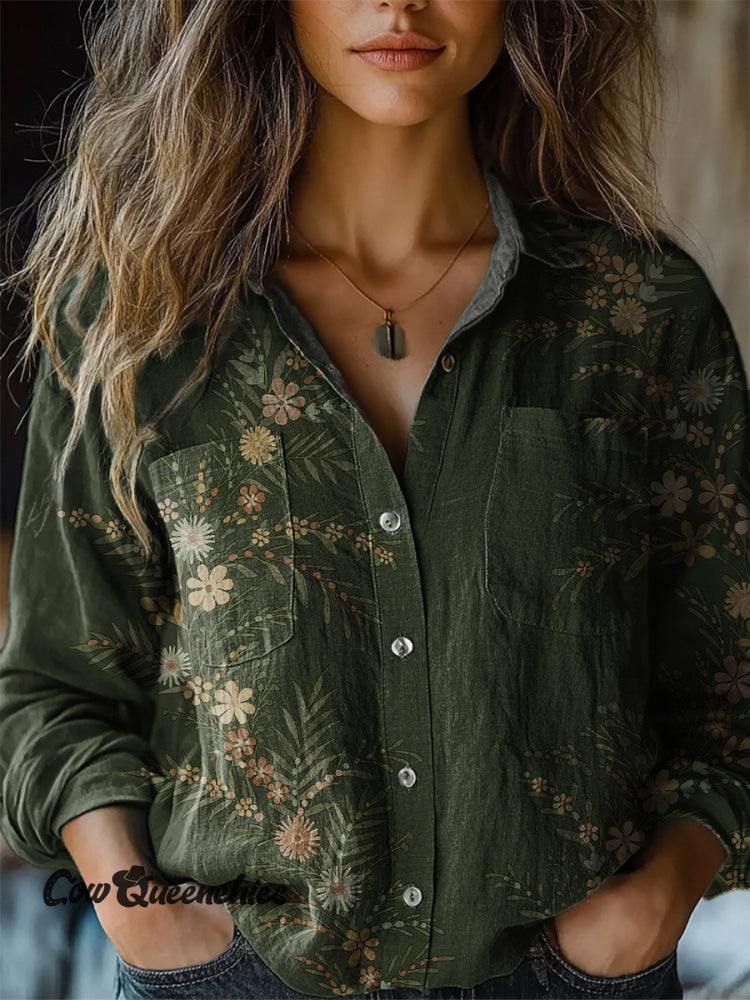 Women&rsquo;s Simple Floral Art Print Casual Shirt Green / S