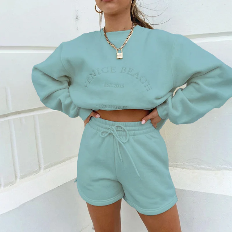 Letter Printed Sleeved Sweatershirt + Loose Shorts 2 Piece Set