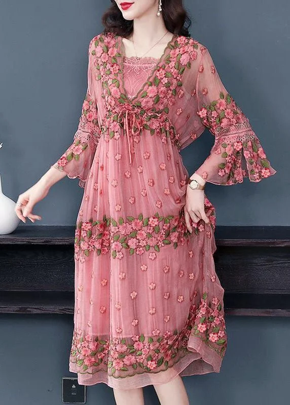 Beautiful Pink Embroideried Lace Up Silk Robe Dresses Flare Sleeve<SHIPPING IN 30 DAYS>