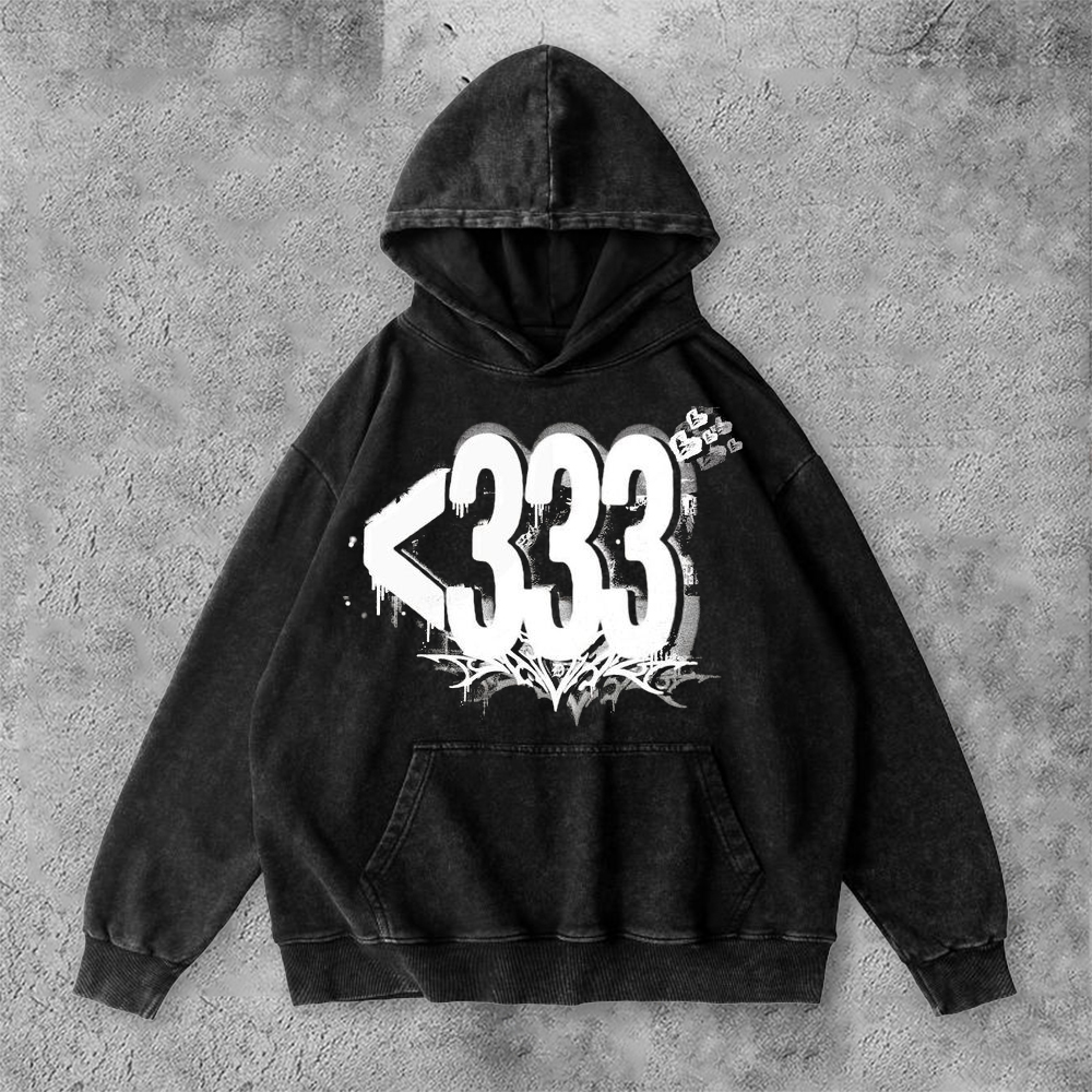 Contrast Color Personalized 333 Printed Washed Hoodie