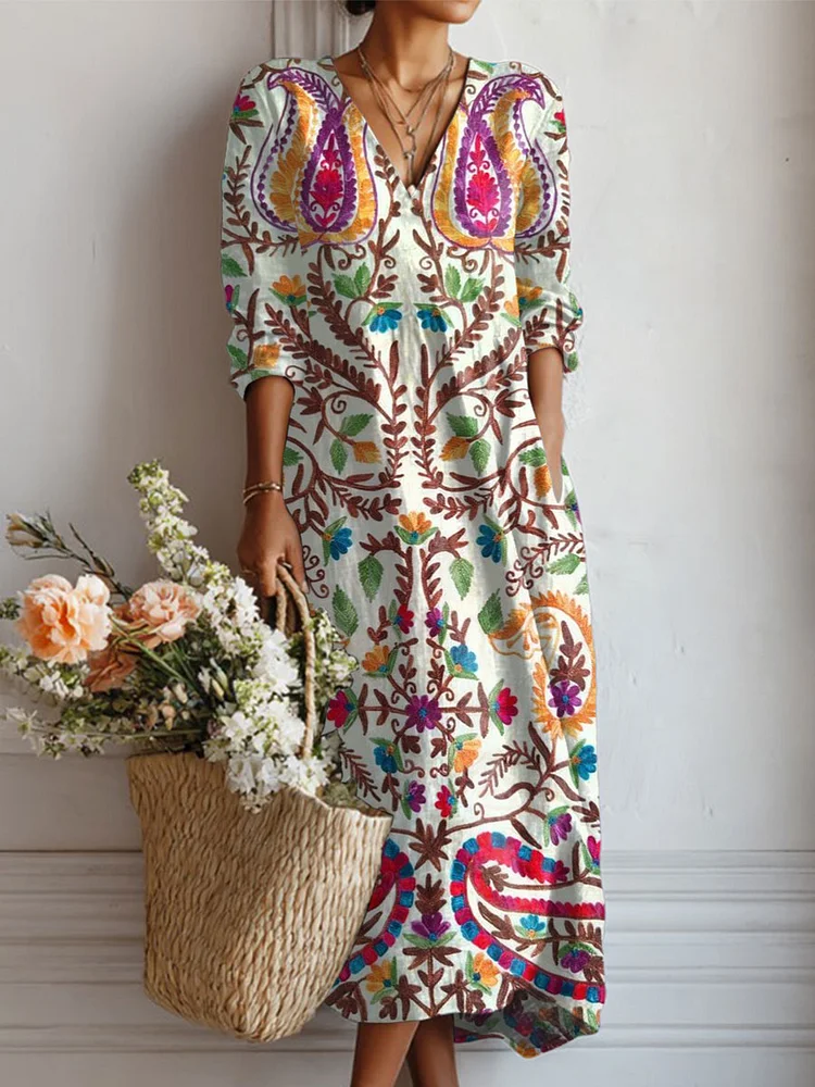 Women's Vintage Flower Art Print Linen Pocket Dress