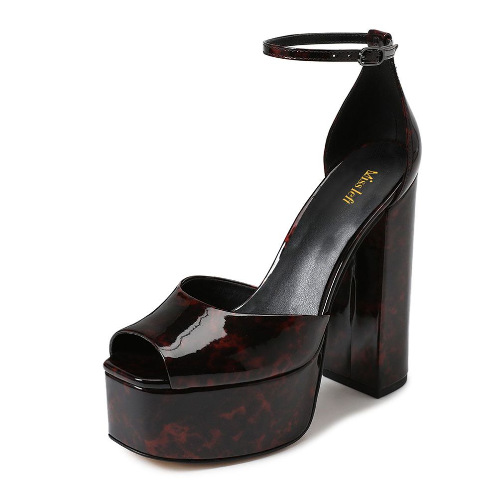Black Tortoise Square Toe Platform Ankle Strap Women's Heel Sandals Nicepairs