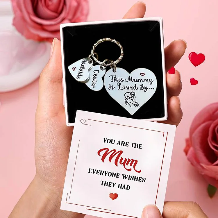 2 Names-Personalized Mummy Keychain, This Mummy Is Loved By, Personalized Heart Keychain Engraved Gifts Set With Gift Box For Mum