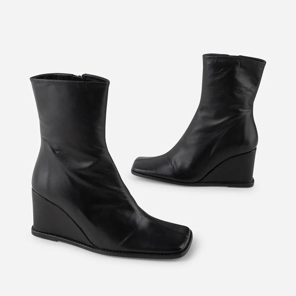 Short Elegant Black Square Toe Zipper Wedge Heel Booties for Women