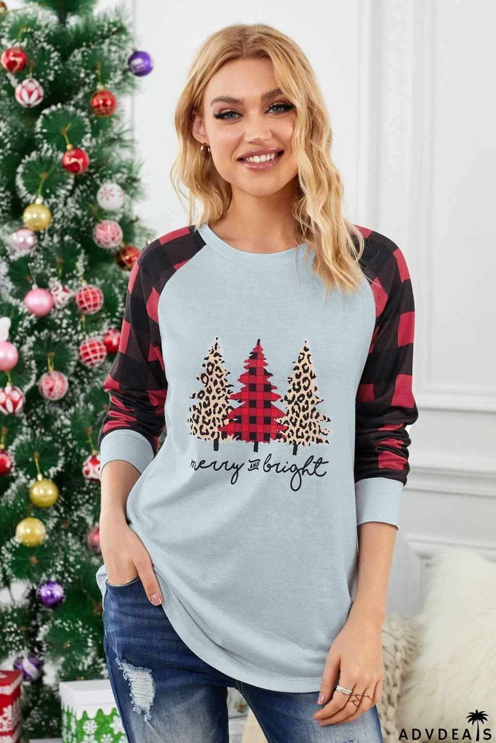 Christmas Pattern Plaid Splice Long Sleeve Top