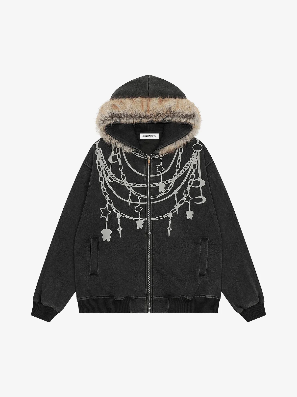 Black Actchic Chain Drape Print Washed Zip Up Hoodie Front