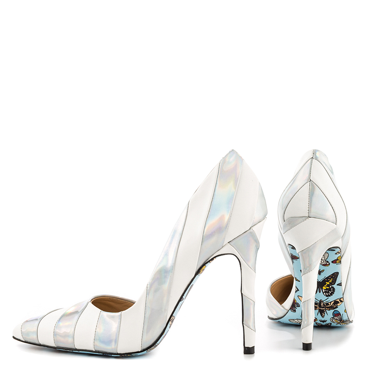 Silver and White D'orsay Pumps Butterfly Sole Holographic Shoes |FSJ Shoes