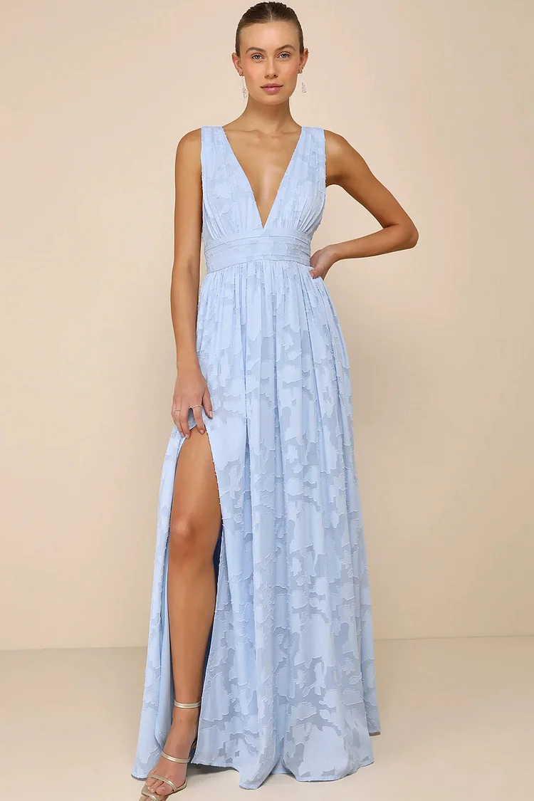 Bridesmaid Light Blue Jacquard Deep V Neck Split Maxi Dress